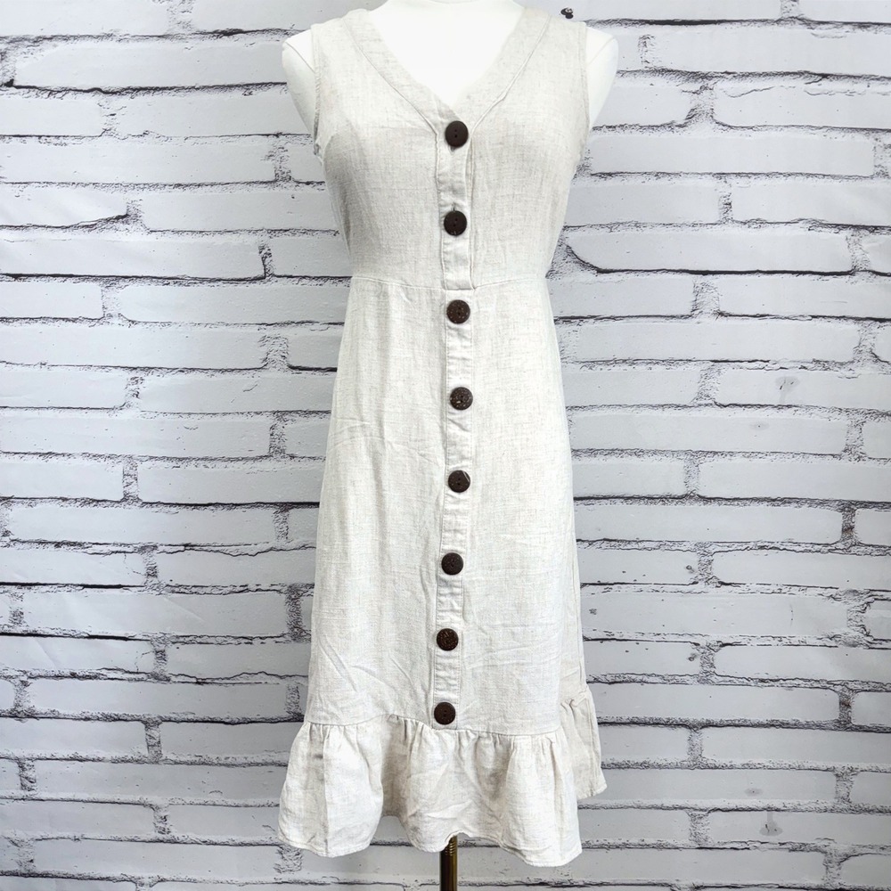Monteau Los Angeles Women Beige Linen Blend Button Front Ruffle Hem Dress Small